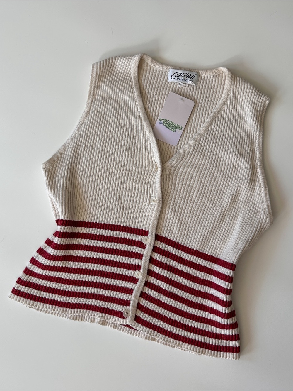 Vintage Cream V-Neck Buttoned Sweater Vest with Red Stripes